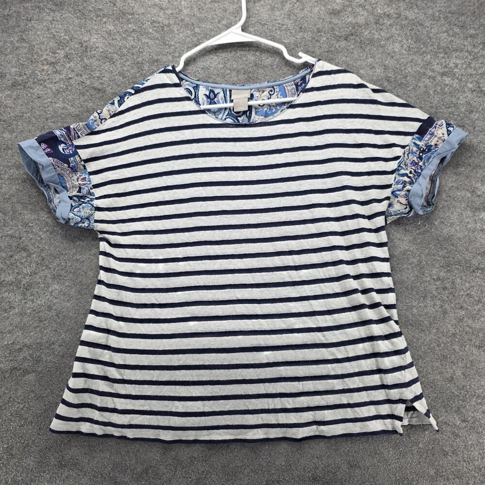 Chico's T-Shirt Womens 2 White Navy Striped Short Sleeve Linen Rayon Relaxed Fit